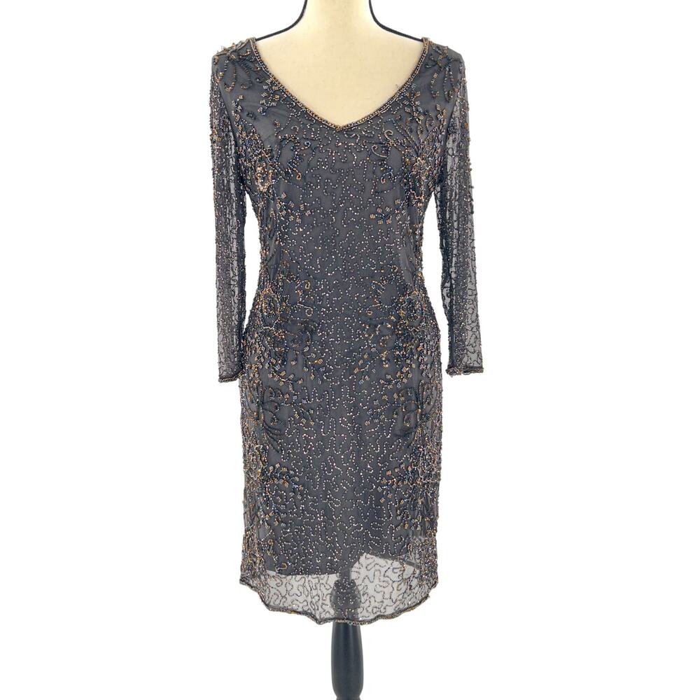 Pisarro Nights Beaded Dress 6 Gray V Neck Long Sleeve Cocktail Glam Wedding